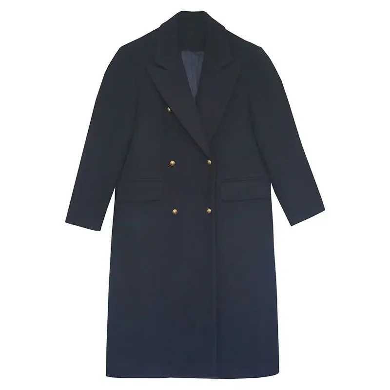 New British Style Navy Blue Woolen Coat Women Jackets Winter Clothes Double breasted Mid Length Wool Suit Jackets Women ClothingX241009