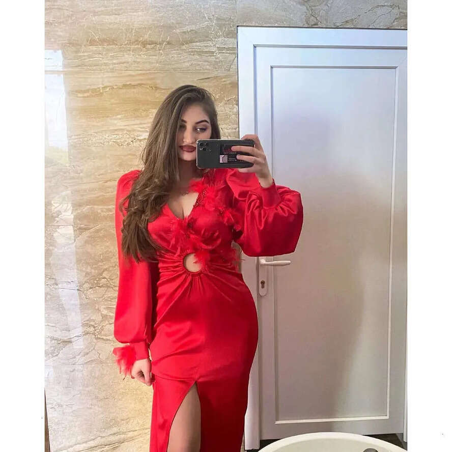 Sexy Feather Sleeve Red Dress Long With Beads Applique Lace Satin Formal Ocn Custom Made Or Length