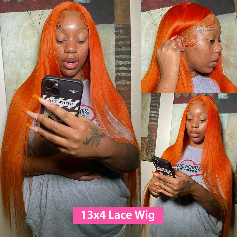250% 30 38 Inch Ginger Orange Bone Straight 13X6 Front Human Hair Wig Brazilian 13X4 HD Transparent Lace Frontal Wigs