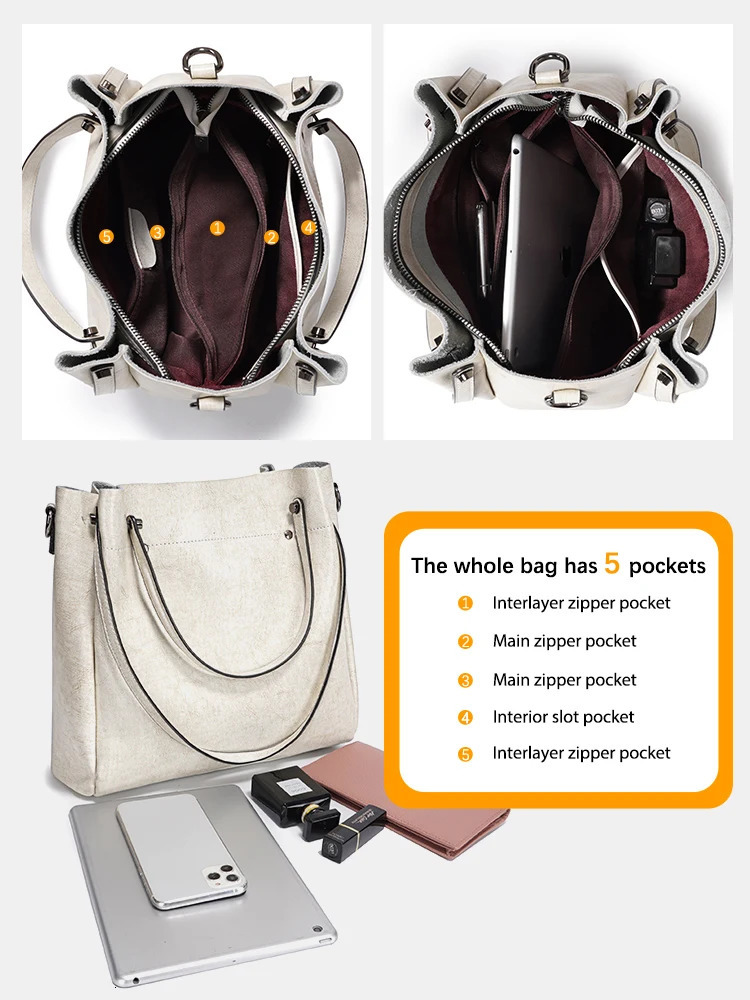 Zency Fashion Brown 100% Genuine Leather Womens Handbag Large Capacity White Shoulder Bag Cross Body Handbag Shopping Bag 2024241018