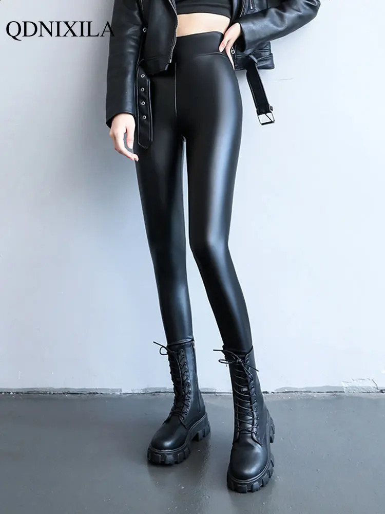 2023 Winter Spring Womens Leggings Korean Fashion High Waist Faux Leather Pants Black Slimming PU Trousers for Women 241007