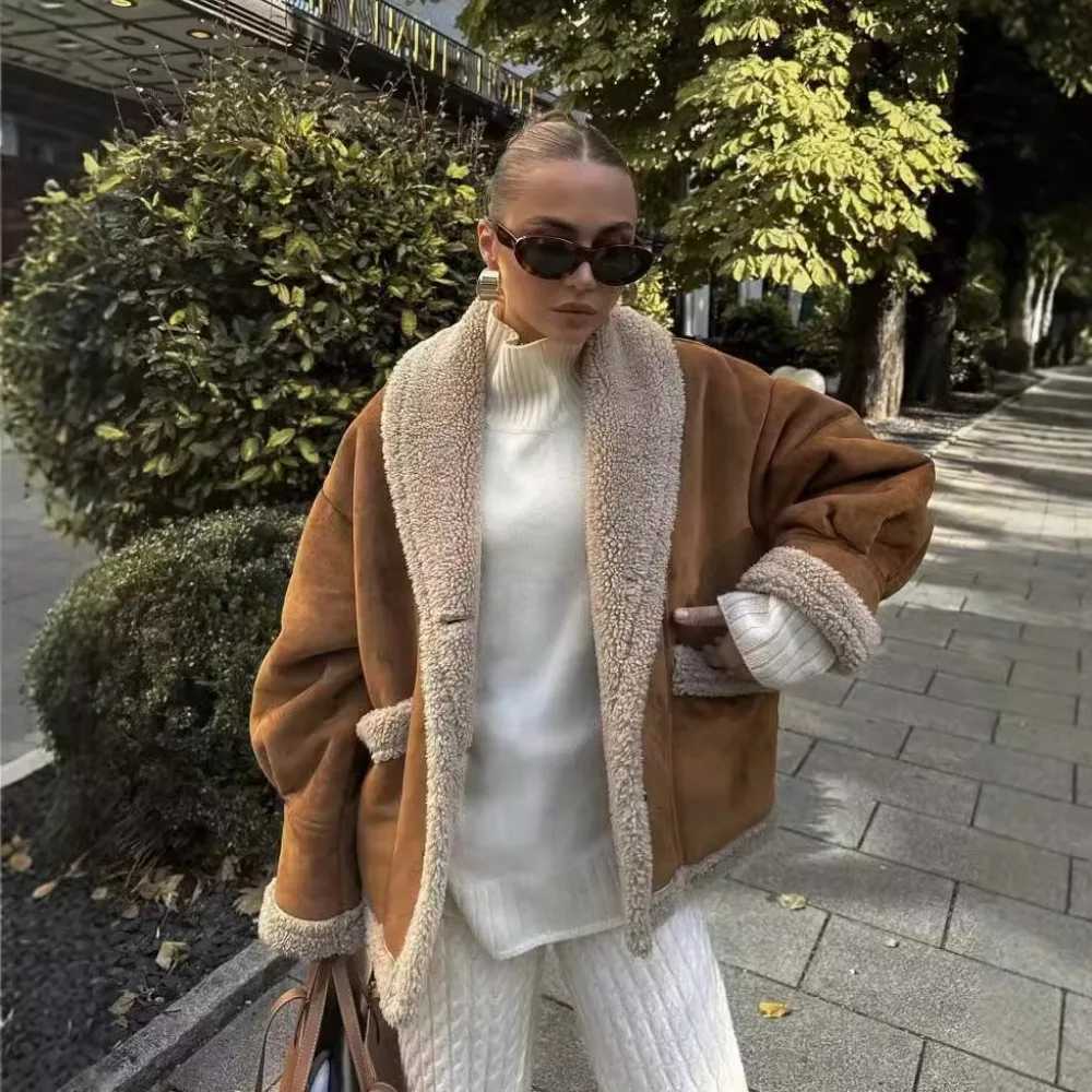 Fashion Lapel Lamb Wool Patchwork Coat Casual Long Sleeve Single Breasted Coat Pocket Warm Autumn Winter Womens Suede JacketX241018
