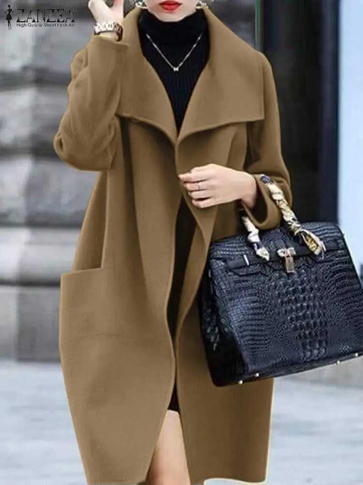 ZANZEA Women Loose Woolen Coat 2024 Fall Winter Lapel Overcoat Fashion Long Sleeve Outwears Vintage Pockets Solid Parka CoatsX241009