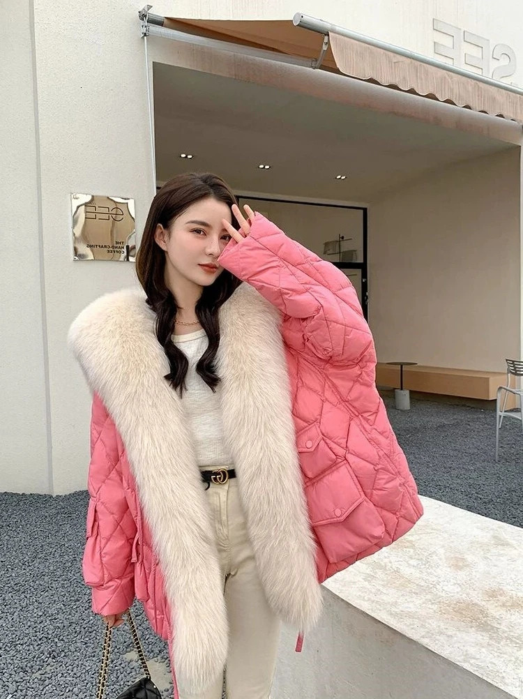 Light Faux Fox Fur Sailor Collar Bright Color down Cotton Jacket Coat Parka Womens MidLength winter clothes women 241018