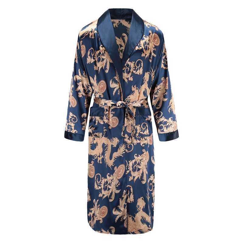 Men Robe Nightgown Long Sleeves Kimono Bathrobe Gown Silky Satin Dragon Print Pajamas Sleepwear Nightwear Gown Casual HomeXJ241018