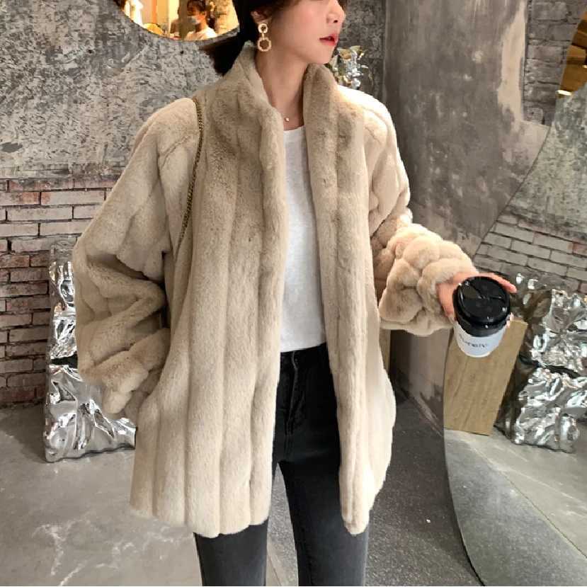 2024 Autumn Winter Faux Rabbit Fur for Women Medium Style Plushi Clothing Loose Lamb Wool Stand Collar Fur CoatX241018