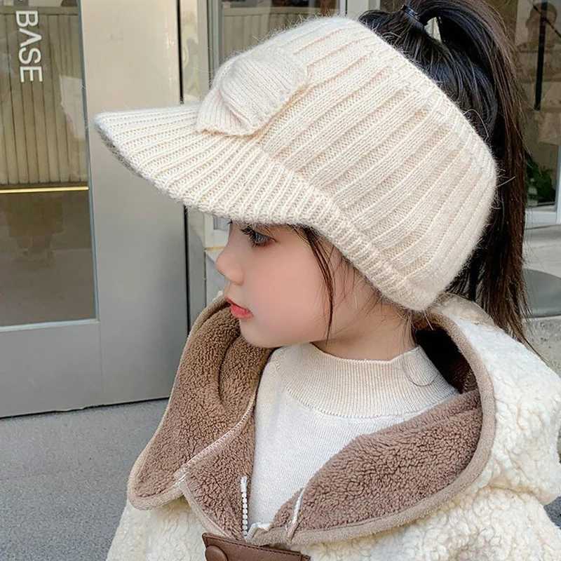 Empty Top Ear Protection Woolen Hat Baby Girl Bow Knitted Duckbill Hats 3-10year Kids Winter Warm Earmuffs Cap Children Beanies LX241018