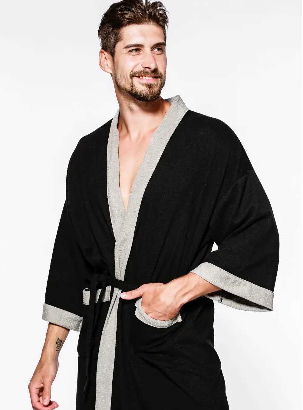 Cotton Waffle Men Kimono Bathrobe Gown Sleepwear Couple Black Robe Nightwear Loose Casual Sauna Yukata Spring Summer Home WearXJ241018