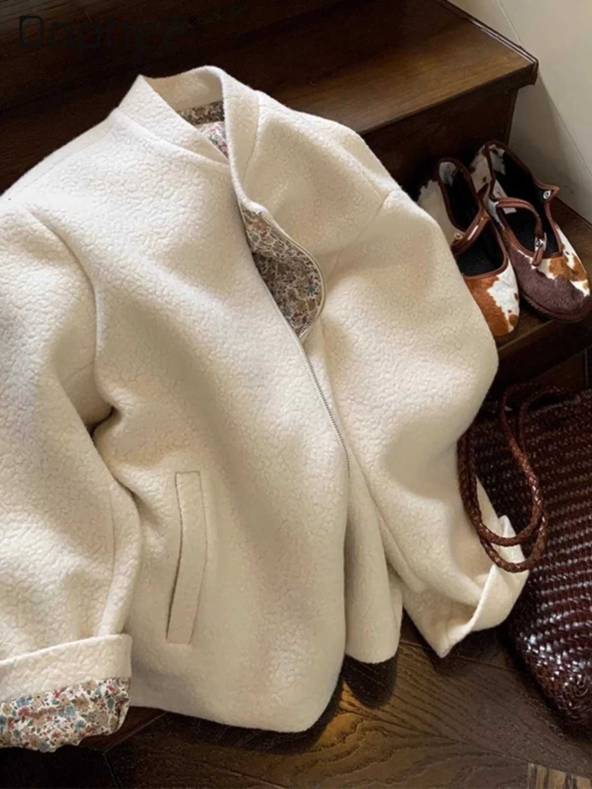 White Lamb Wool Jacket Liner Floral Print Stand Collar Zipper Pockets Short Coat Chic Design Korean Style All Match FashionX241018