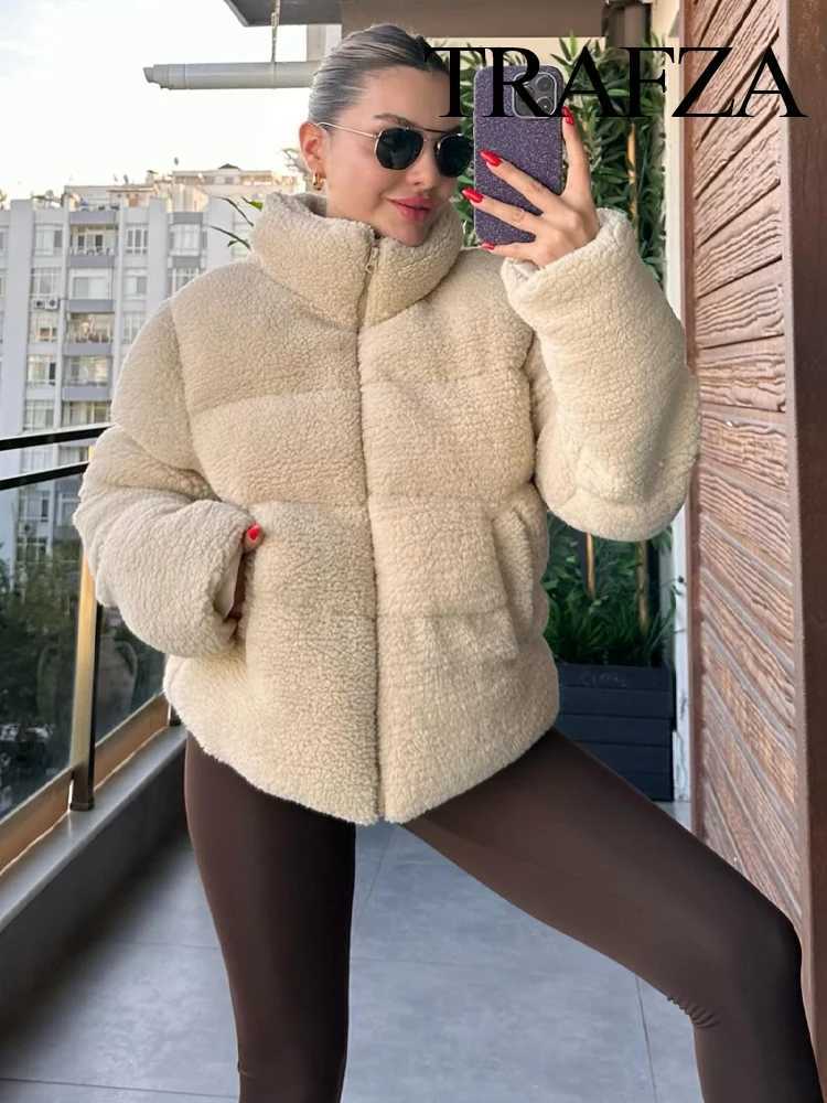 TRAFZA Female Winter New Fashion Jackets Solid Color Turtleneck Long Sleeve Pockets Hide Zipper Womans Casual Chic Thick CoatsX241018