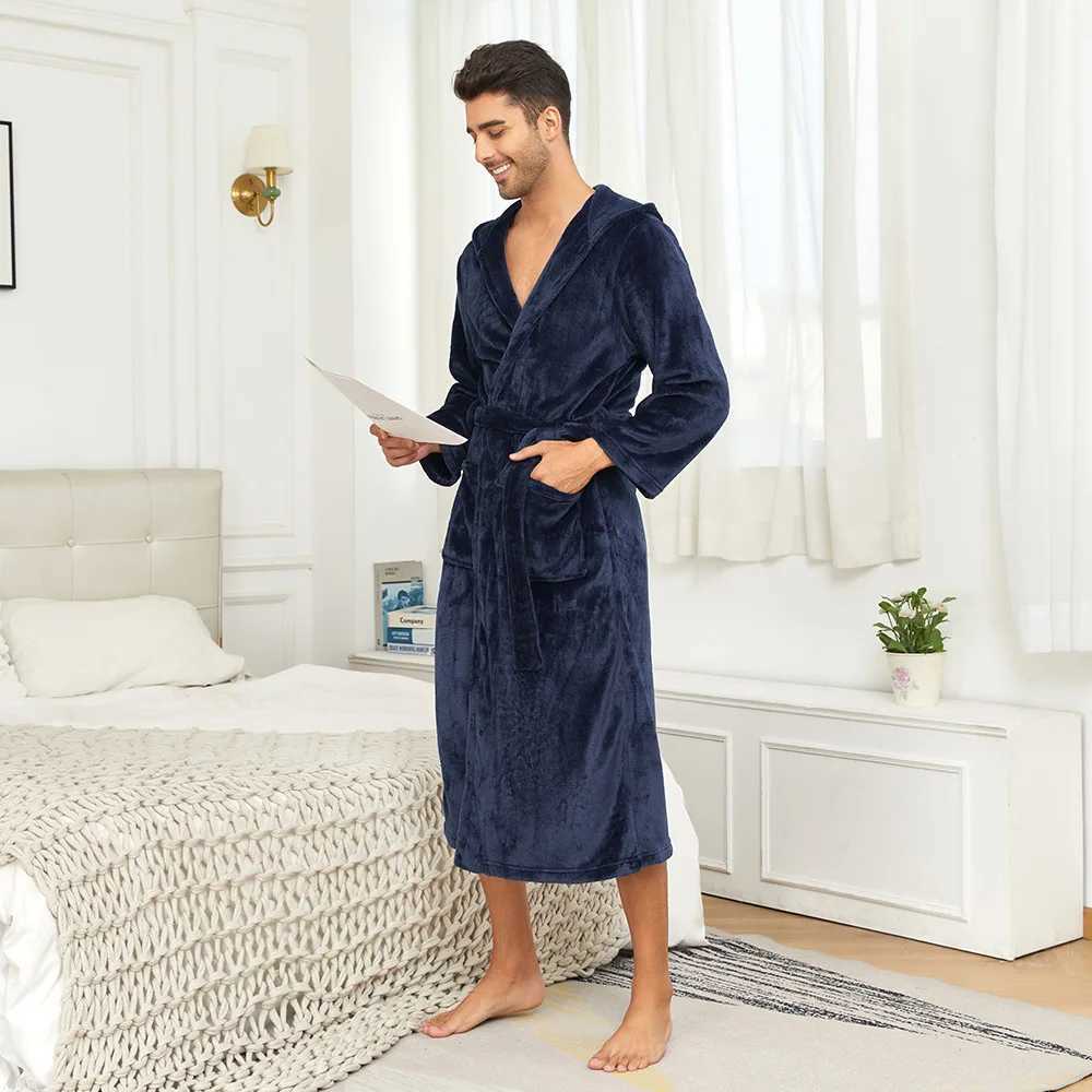 Solid Color Hooded Kimono Shower Robe for Men Autumn Winter Warm Shower Bathrobe Gown Soft Home Clothes with Pocket NightgownXJ241018
