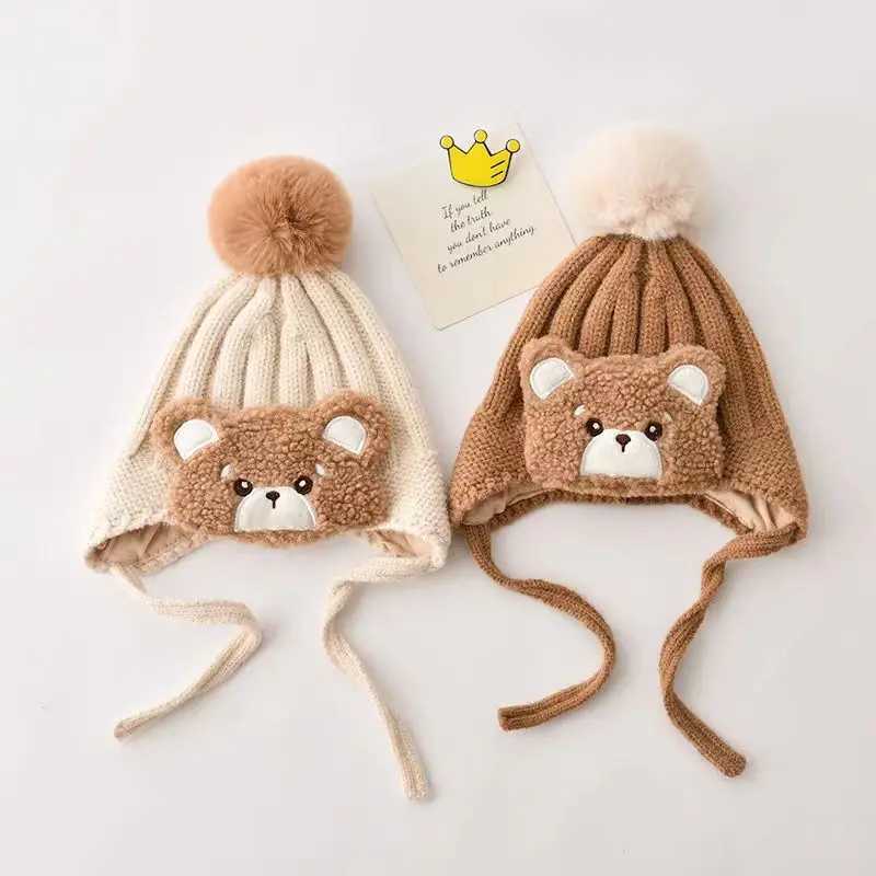 Baby Earmuff Hat Cute Bear Infant Knitted Cap Winter Pompom Kids Ear Protection Hats Toddler Thicken Woolen Caps LX241018