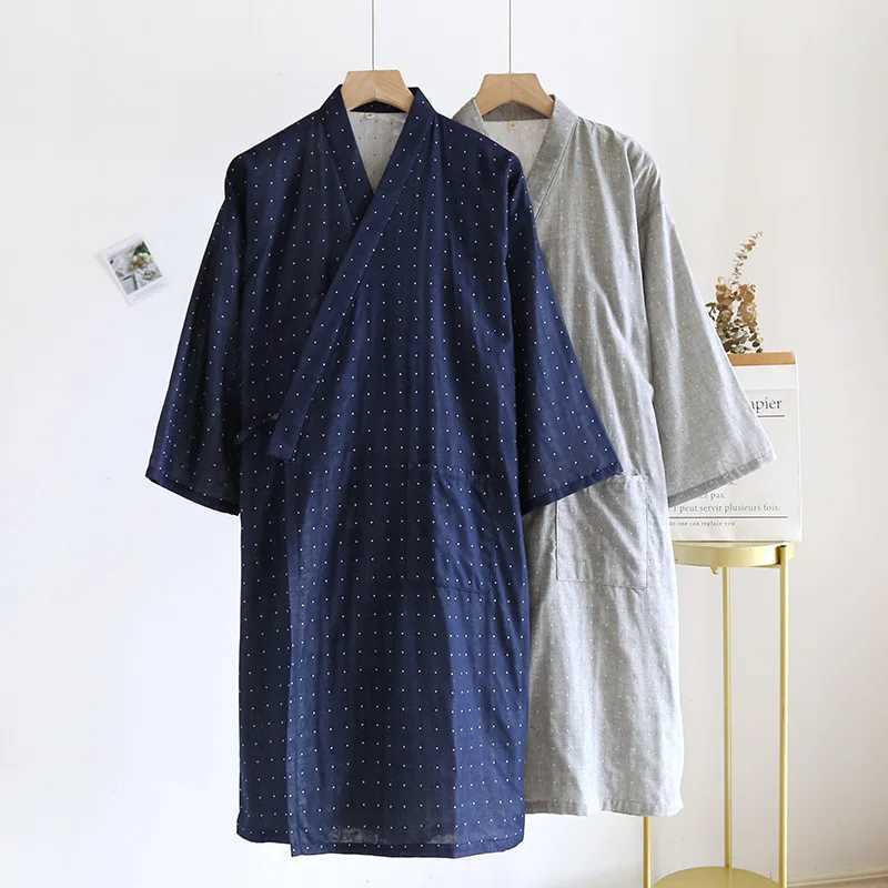 Spring Mens Pajamas Kimono Robes Cotton Lace Up Cardigan Striped Bathrobe Loose Large Size Summer Thin Sweat Steaming BathrobesXJ241018