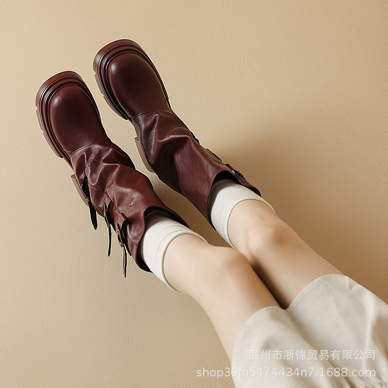 Martin boots for women 2024 new British style thick soled small mid rise boots for women, height increasing stacked leg boots