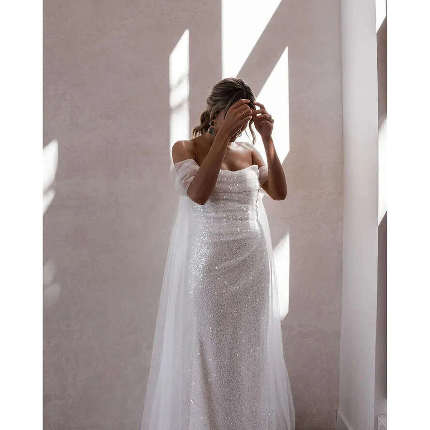 Draped Wedding Strapless Mermaid Dresses Shining Elegant Sequined Sleeveless Slim Or Length Custom Made Plus Size Vestidos De Novia