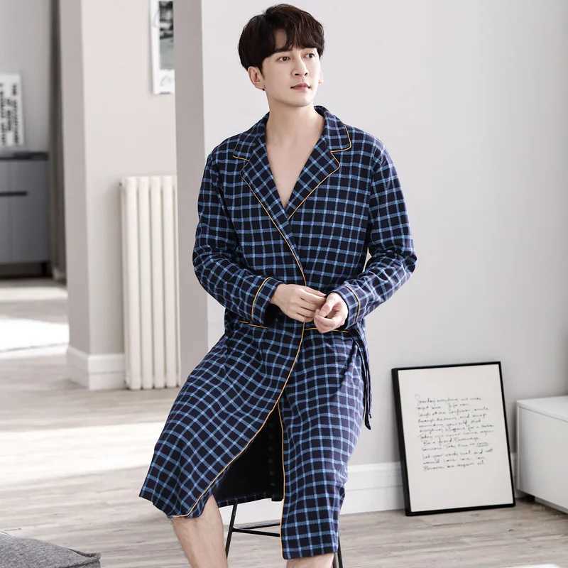 Mens Casual Plaid Long Nightgown Kimono Bathrobe Gown Cotton V-neck Intimate Lingerie Long Sleeve Spa Robes Sleepwear For MaleXJ241018