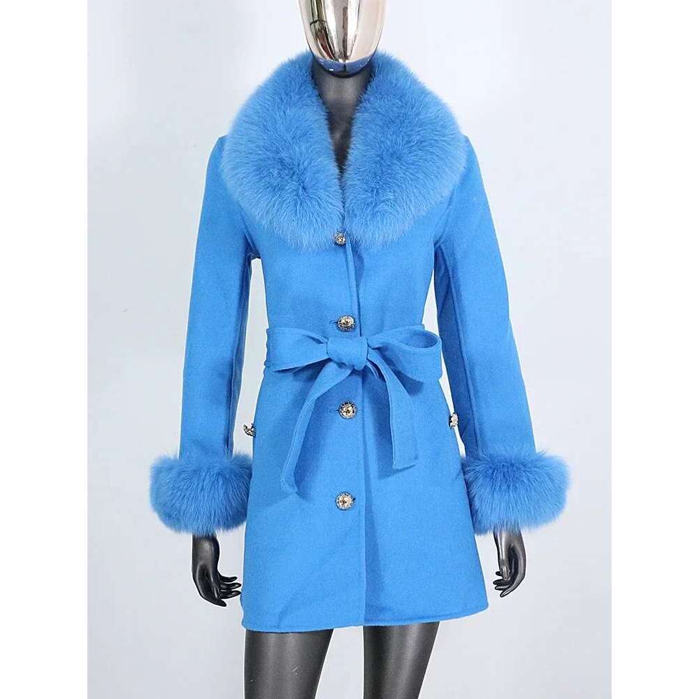 2024 New Winter Jacket Women Cuffs Belt Cashmere Wool Woolen Outerwear Fashion Streetwear Real Coat Natural Fox Fur Collar