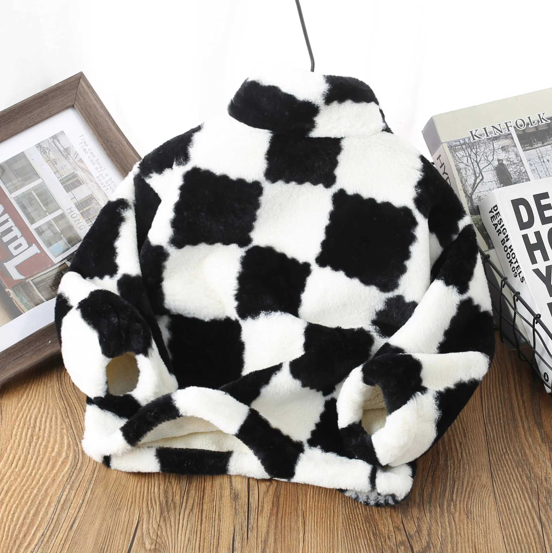 Mens jacket winter velvet jacket childrens checkered pattern childrens cardigan high necked girls sweater zipper sweater baby jacket M241018