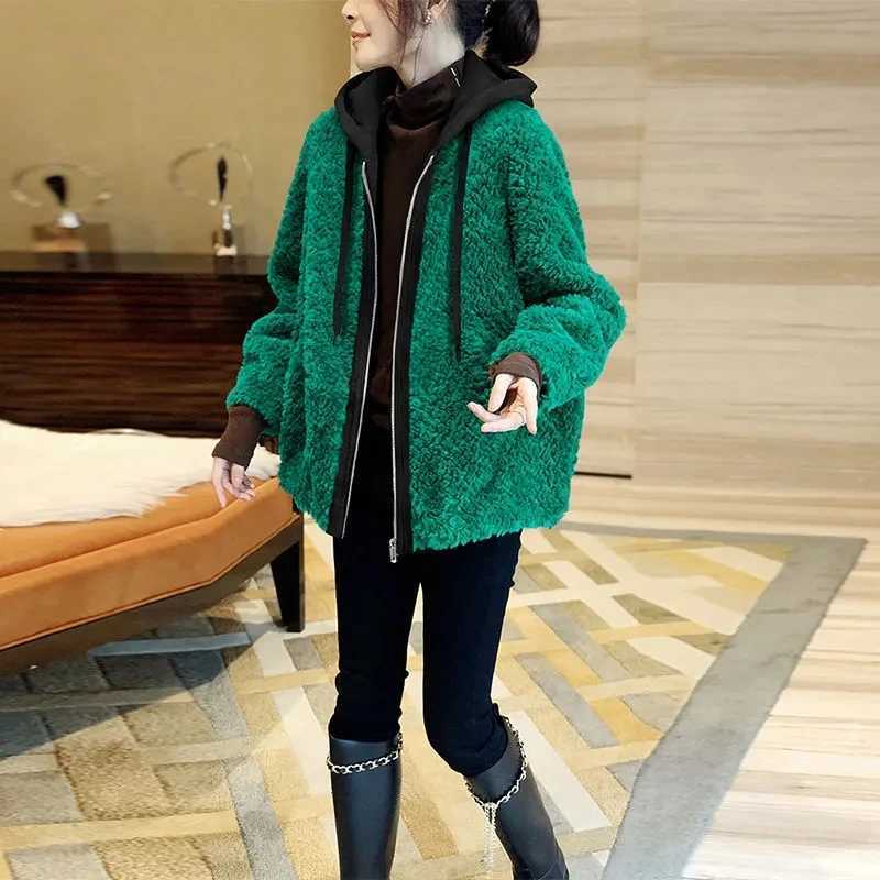 Green Plush Jackets For Women 2023 Zipper Hooded Stitching Coat Autumn Winter Fashion Long Sleeves Chamarras Para MujerX241018