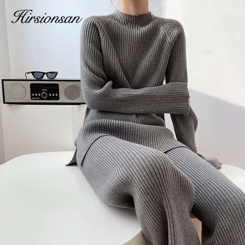 Hirsionsan Soft Cashmere Knitted Sets Women 2023 Autumn Winter Casual Two Pieces Sweater And Pants Outfits Solid Tracuit Lady
