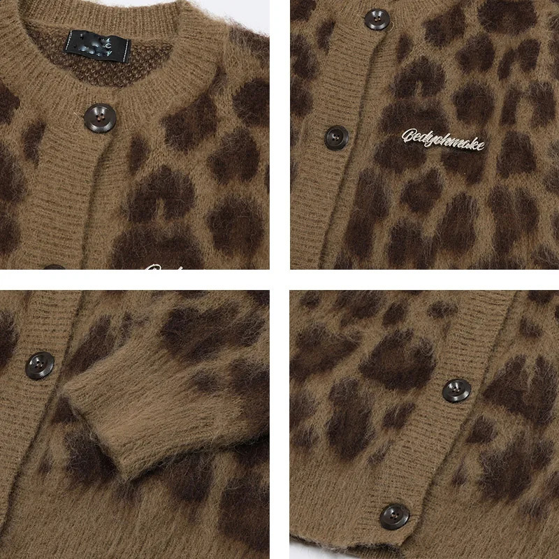 Harajuku retro leopard graphic sweater cardigan wool sweater womens winter casual oversized er skydiving grandpa ugly sweater jacket Y2K 241007