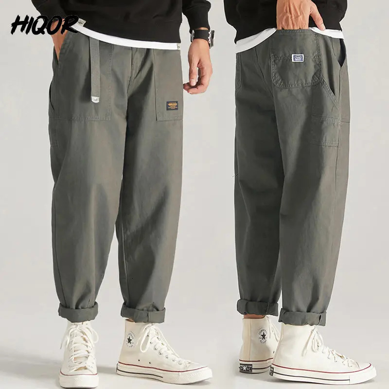 HIQOR Autumn Winter Mens Pant Cargo Pants Casual Multi Pocket Trouser Plus Size Fashion Belt n Baggy Joger Streetwear Male 241018