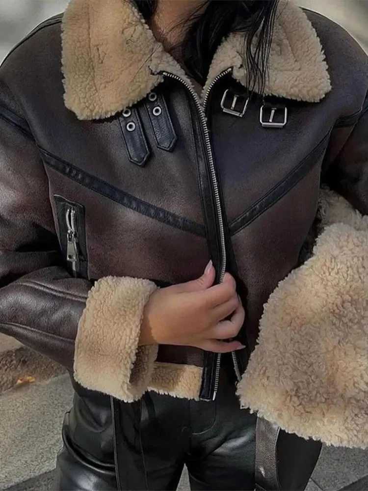 Chic Brown Lamb Wool Spliced Leather Jacket Women Casual Lapel Long Sleeve Short Warm Coat 2024 Autumn Winter Lady New OuterwearX241018