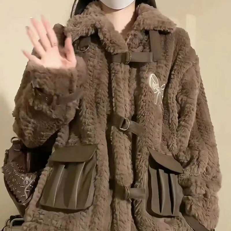 GIDYQ American Retro Lamb Wool Cotton Coat Women Winter Warm Stand Up Collar Long Sleeve Jacket Fashion Loose Plus Fleece TopX241018