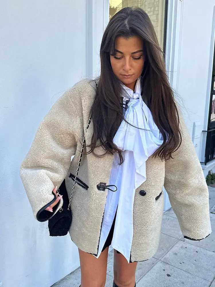 Women Warm Lamb Wool Thick Coat Elegant Round Neck Long Sleeve Single Breasted Jacket 2024 Autumn Lady High Street OuterwearX241018