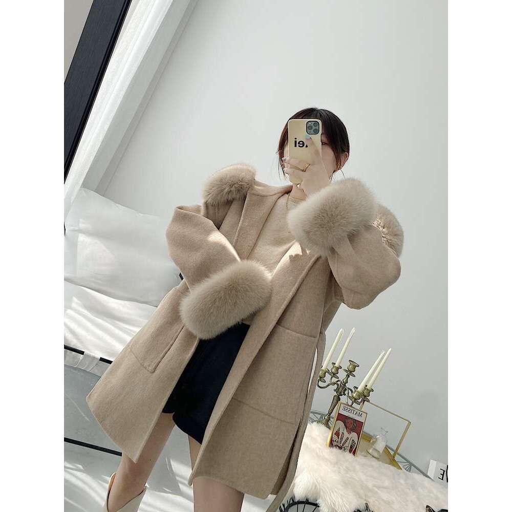 2023 Real Coat New Oversize Ladies Outerwear Winter Jacket Women Natural Fox Fur Collar Cuffs Hood Cashmere Wool Woolen