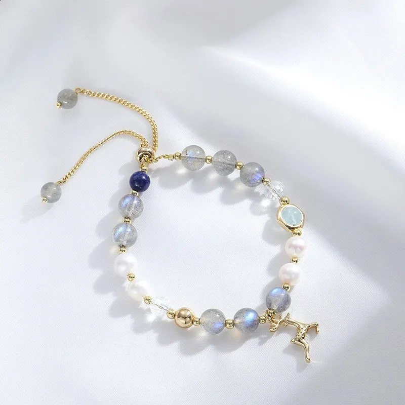 Minar Fashion Gold Copper Chain Transparent Moonstone Natural Stone Freshwater Pearl Bead Deer Charm Bracelet 241018