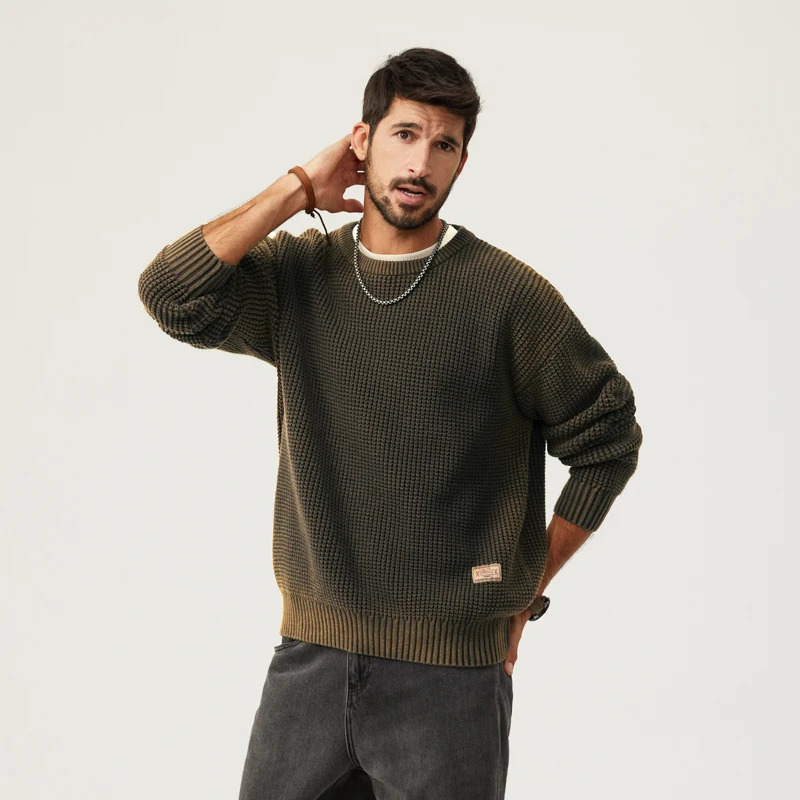Autumn mens work style knitwear casual loose large size gradient sweater patch round neck pullover tops 241018