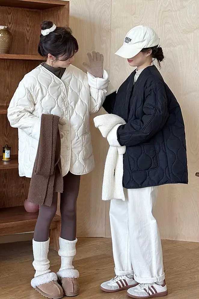 FIGOHR Lamb Wool Patchwork Jacket Korean Argyle Loose Coat Premium Lightweight Warm Cotton Jacket Women 2024 Autumn WinterX241018
