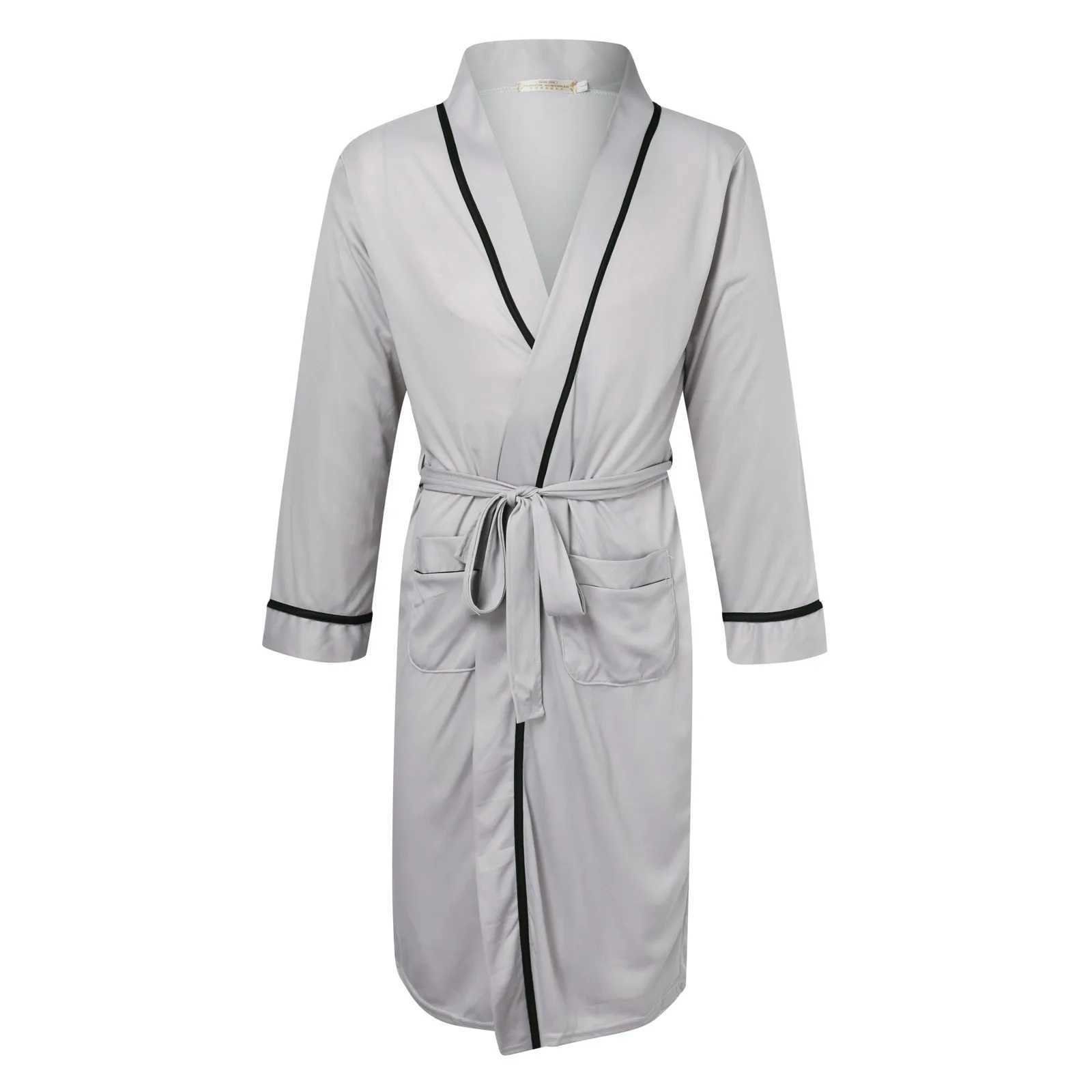Mens Cotton Bathrobe Spring And Summer Solid Color Lace-Up Mens Pajamas Home Wear Long Sleeve Male Bathrobe Dressing Night GownXJ241018
