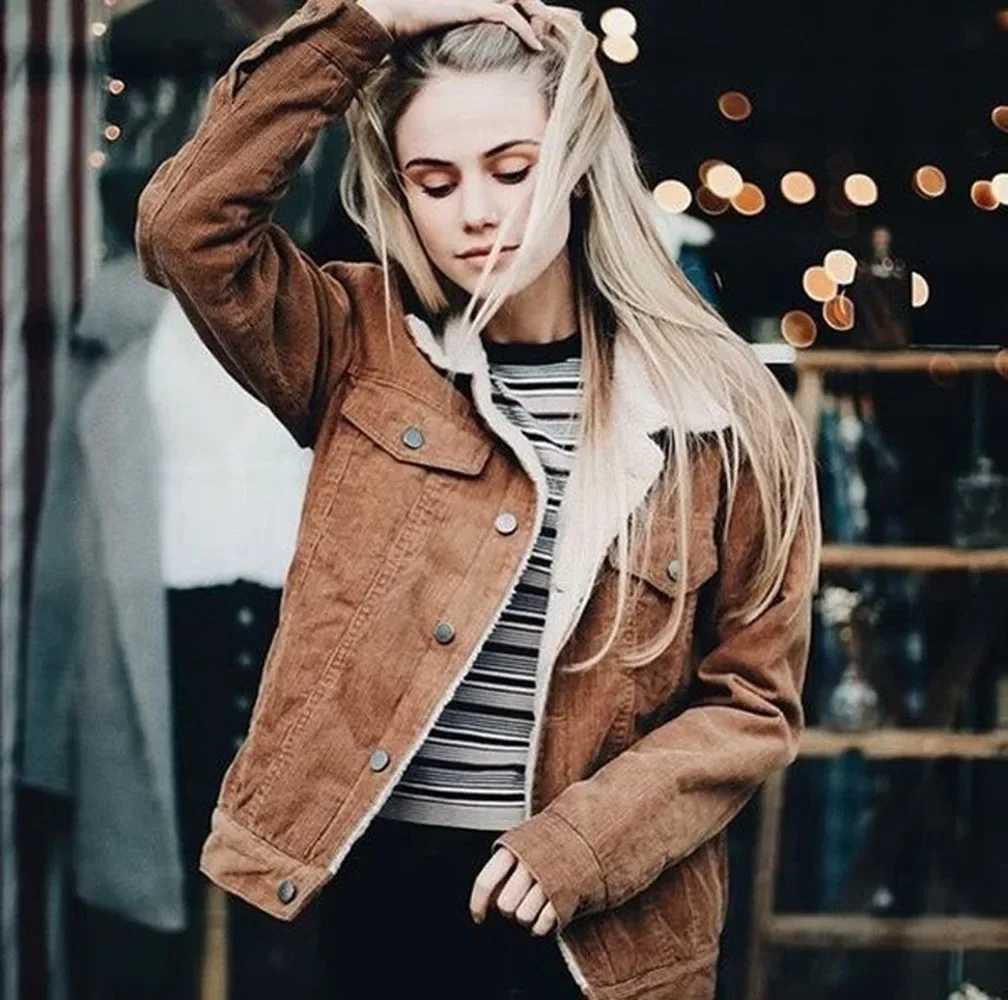 Splicing Cotton Pockets Solid Turn-down Collar Button Autumn Winter Womens Jacket Wool Collar Lamb Corduroy Cropped JacketX241018