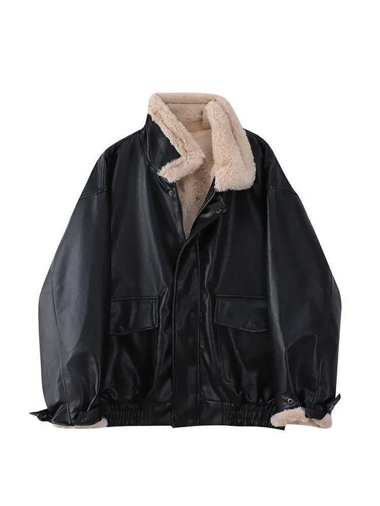 Winter Womens Fur Leather Coats Long Sleeved Loose Warm Lamb Wool Vintage Thickened Locomotive Lapel Female PU Motorcycle CoatX241018