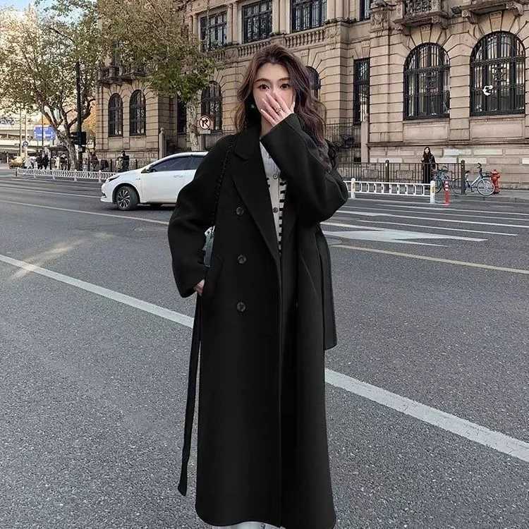 Lace UP Long Coat Women 2024 Spring Faux Woolen Full Sleeve Female Midi Jacket Fashion Single Breasted Loose Causal Lady CoatsX241009