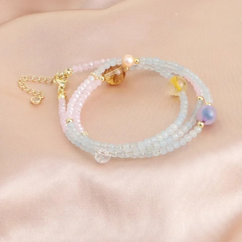 Minar handmade colored natural stone crystal aquamarine gemstone freshwater pearl three-layer bead chain bracelet 241018