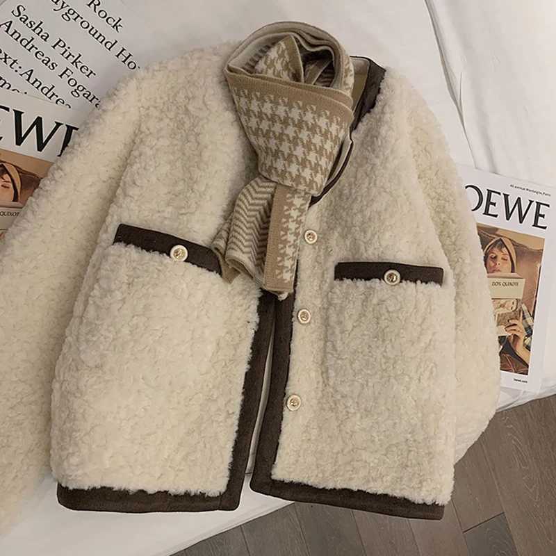 Vintage Lamb Faux Wool Jacket Women Korean Patchwork Cropped Coat Office Lady Elegant Thicken Warm Casual Short Outerwear TopsX241018