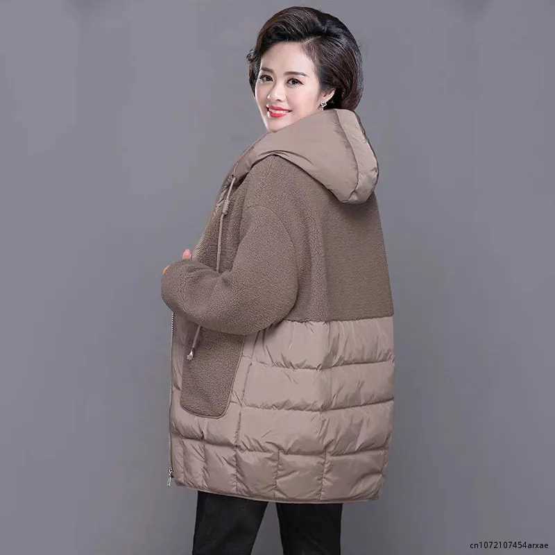 Women Padded Jackets Autumn Winter Hooded Outerwear 2023 Loose S-4XL Down Cotton Jacket Mid-Length Lamb Wool Thick Coat FemaleX241018