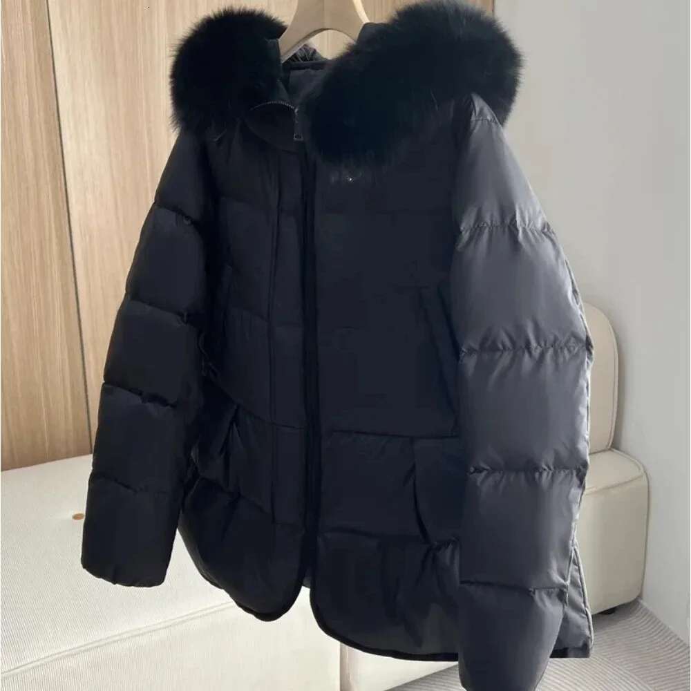 2024 New Fashion Winter White Duck Down Hooded Real Fox Fur Collar Jacket Cape Puffer Coat Women Slim Short Warm