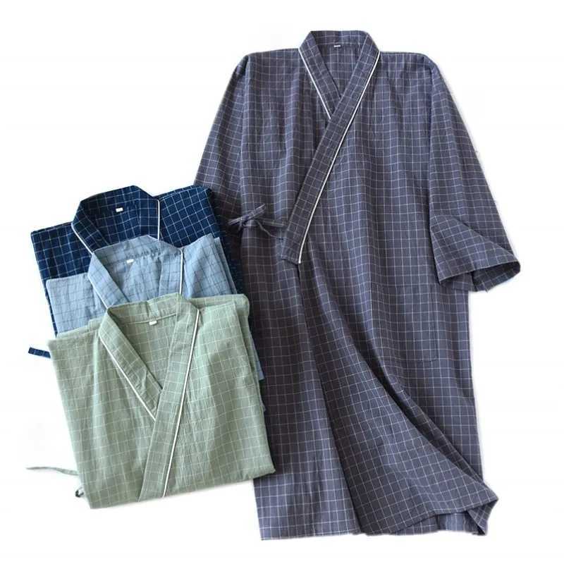 2024 Summer 100%Cotton Gauze Bathrobe Japanese-Style Kimono Men Plaid Robe Loose kimono bathrobe Men Sweat Steaming Sleep XJ241018