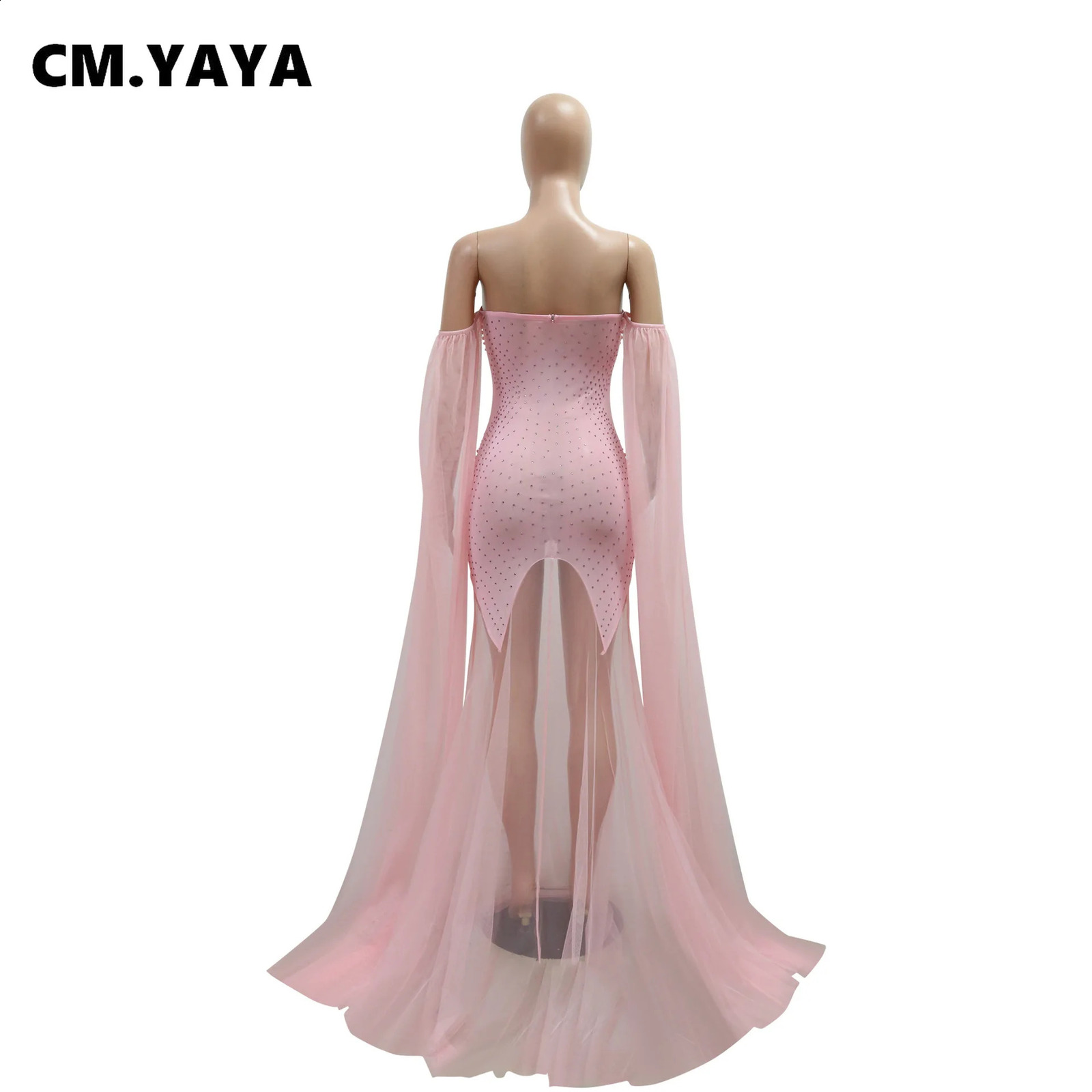 CM.YAYA womens pearl strapless mesh see through long skirt without back 2024 summer street Maxi party evening mermaid dress Vestido 241017