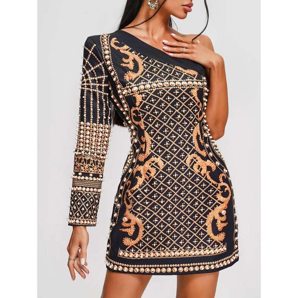 Spring Dresses Blazer Women Diagonal Collar One Shoulder Sleeve High Waist Printing Mini Dress Female Spliced Pearl A E