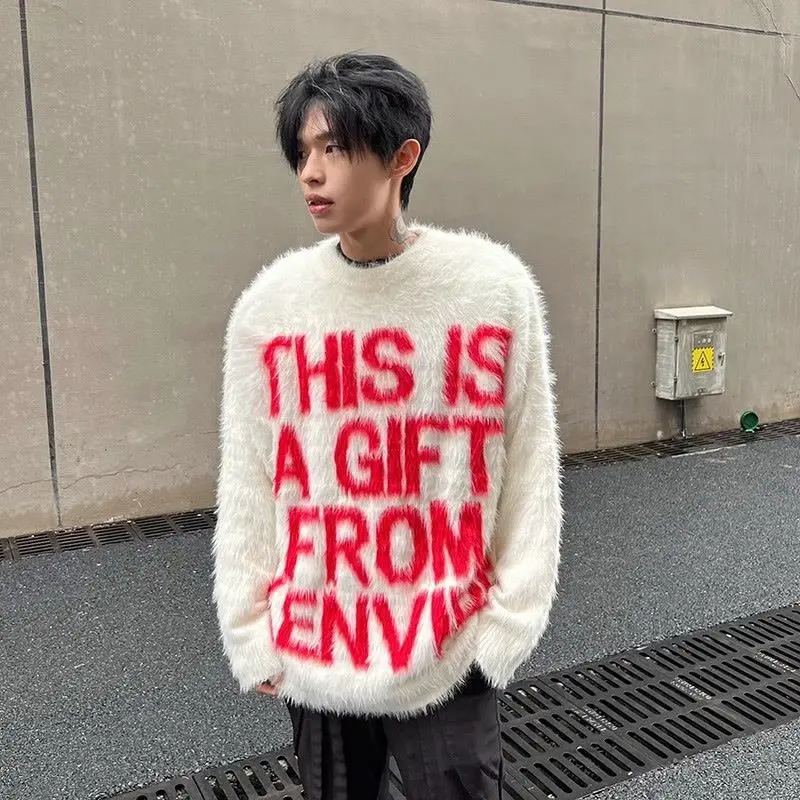 mink fur sweater men thick lazy high end feeling letter printed knitted sweaters jacket pullover clothing 241018