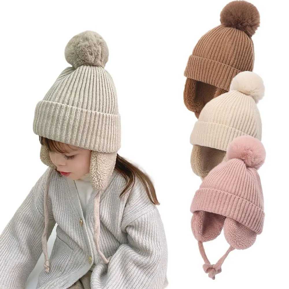 Winter Children Knitted Wool Hats Windproof Warm EarFlaps Hat Cute Plush Lining Cashmere Hat for Boys Girls 2-8 years old LX241018