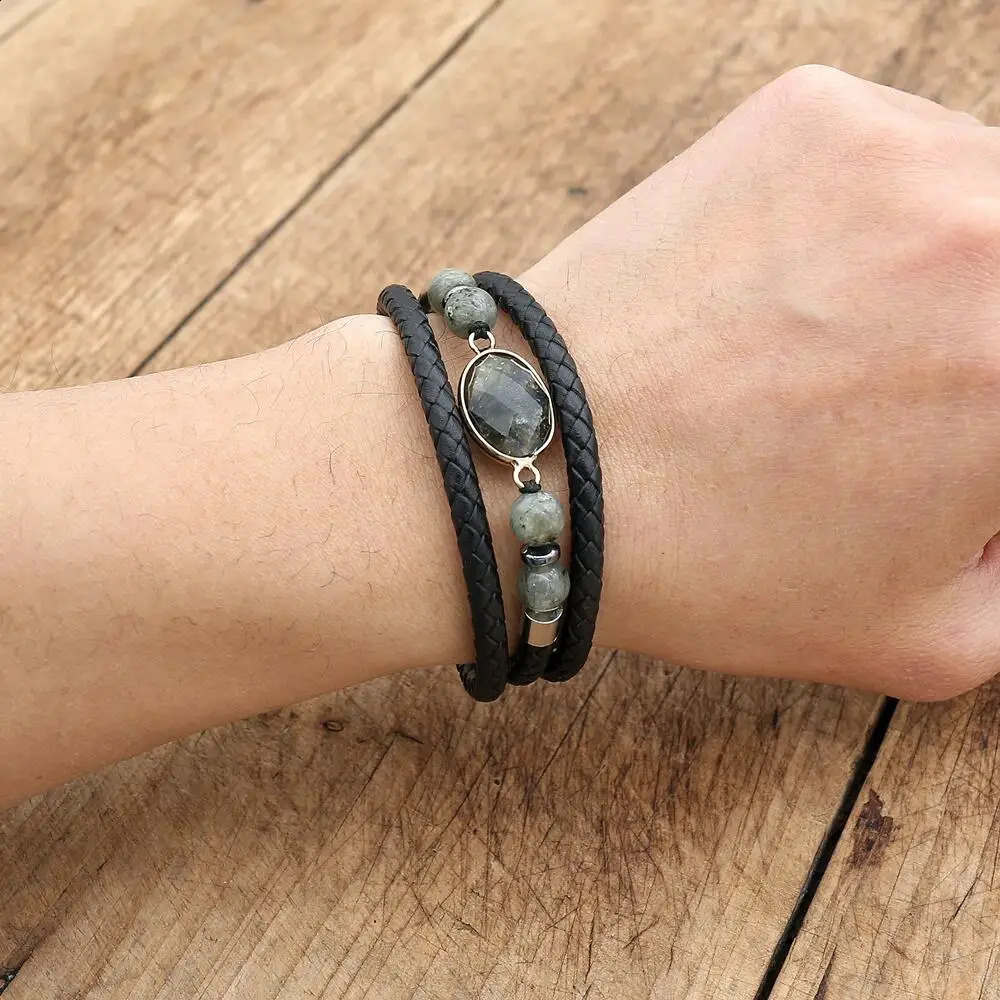 Fashionable Natural Labrador Stone Multi functional Leather Bracelet for Womens Charm Stainless Steel Magnetic Buckle Packaging Bracelet Gift 241018