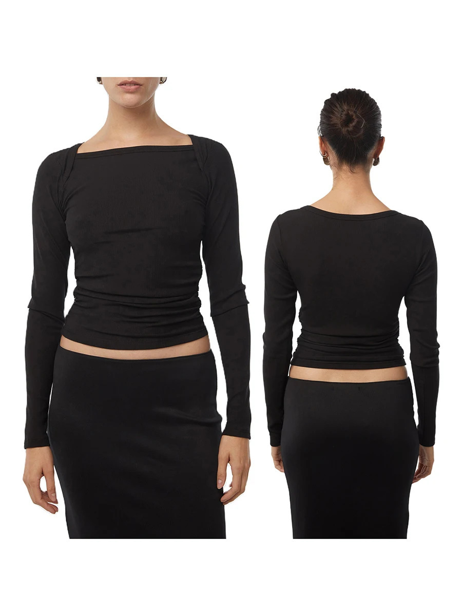 Women Long Sleeve Crop Tops Solid Color BoatNeck Fit TShirts Spring Fall Bottoming Shirts Streetwear 241018