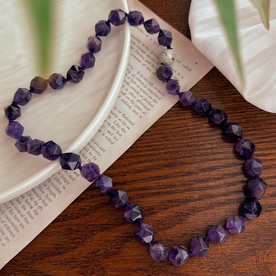 A womans necklace. Natural 10mm amethyst with irregular particles. Enchanting jewelry. Fashion accessories. The gift. 241018