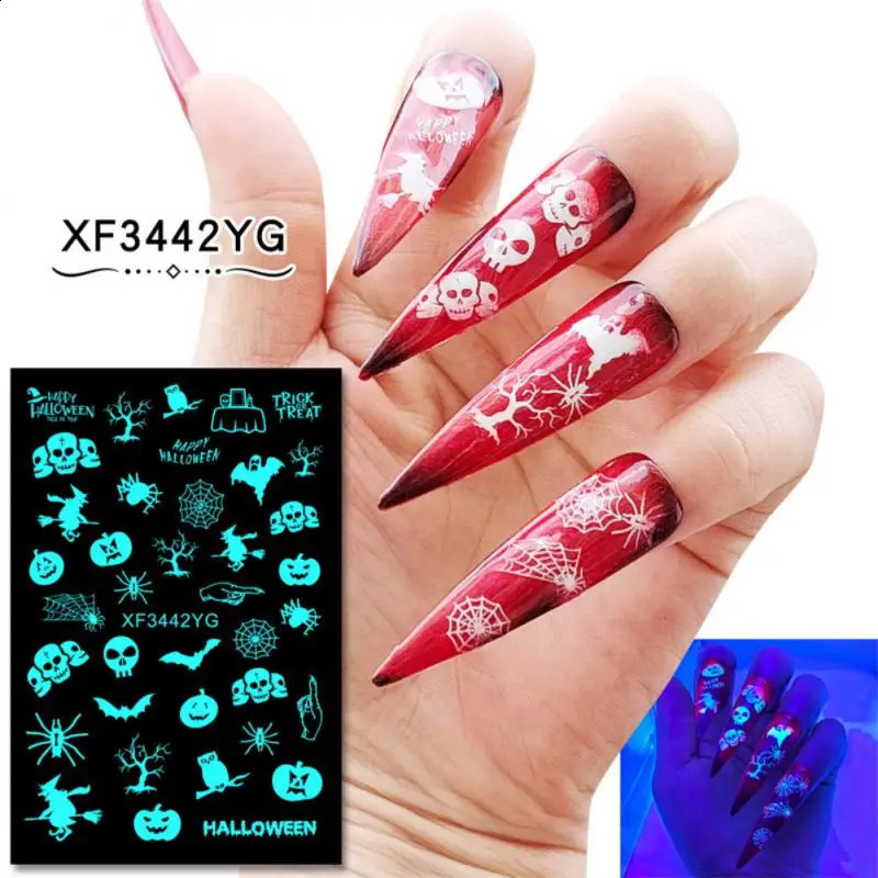 Luminous Nail Stickers Set Halloween Laser Pumpkin Skull Nail Sticker Manicure Adhesive Tips Nail Art Decorations 241017